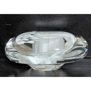 Art Glass Hand Blown Paperweight Clear W/White Swirls Tapered And Polished Base